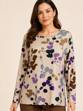 Chico's 2 L 12 14 Tan Leaves Stretch Rayon Knit Lightweight Tunic Top